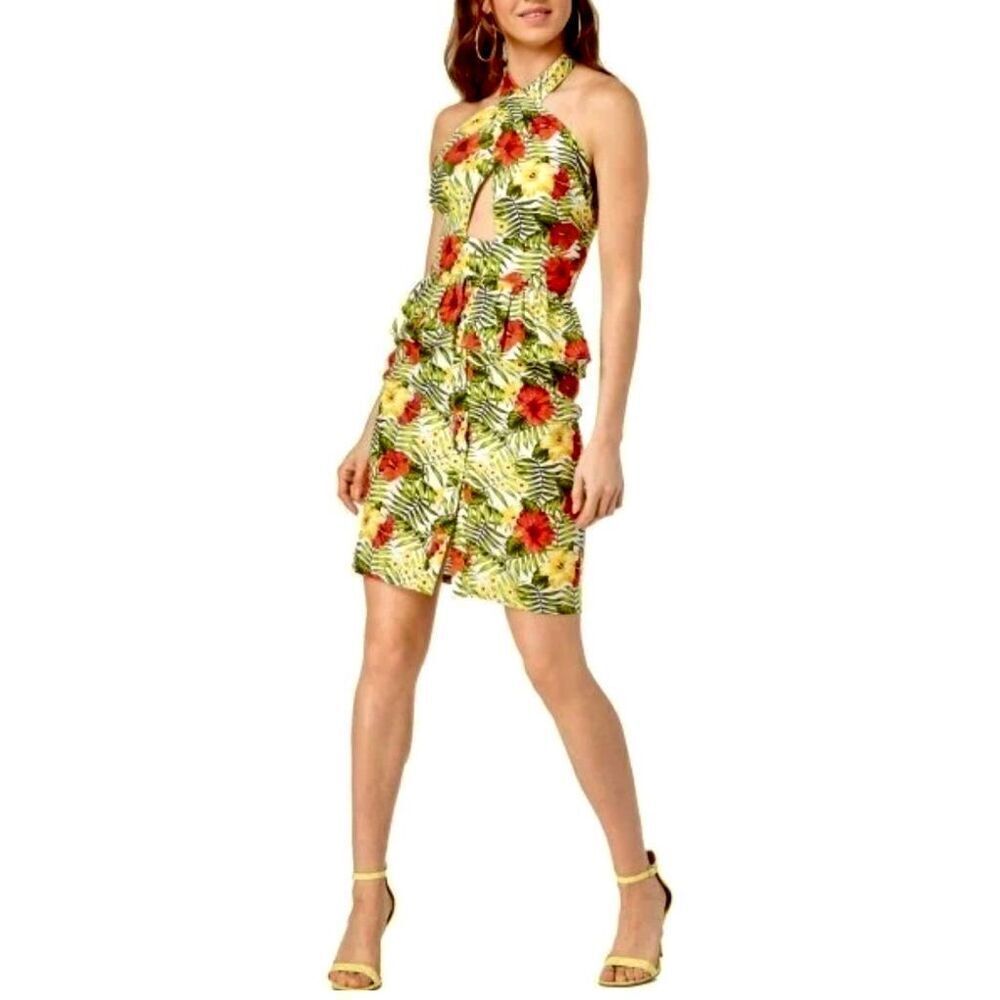 NWT Gorgeous XOXO Sz S Yellow Floral Red Linen Floral Print Peplum Halter Dress